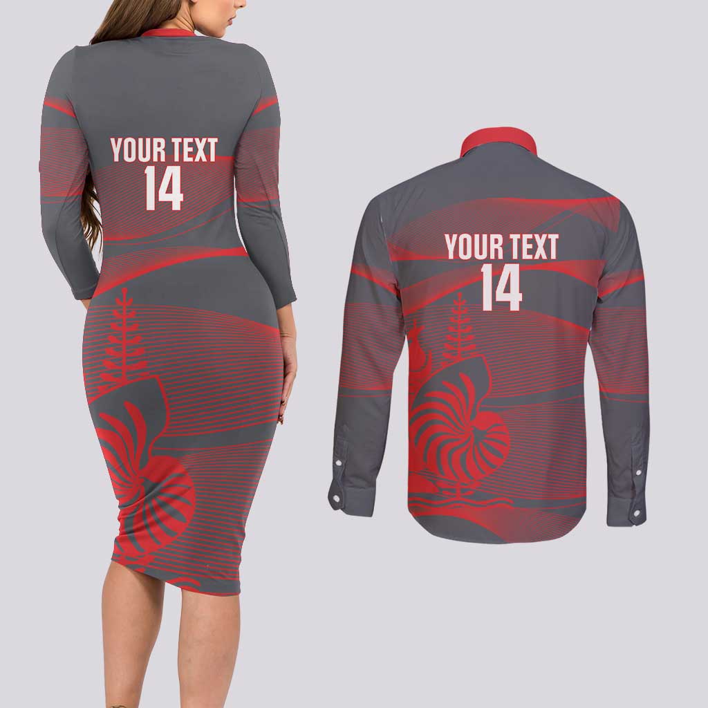 Custom New Caledonia Football Couples Matching Long Sleeve Bodycon Dress and Long Sleeve Button Shirt Allez Les Cagous Grey Version - Polynesian Pride