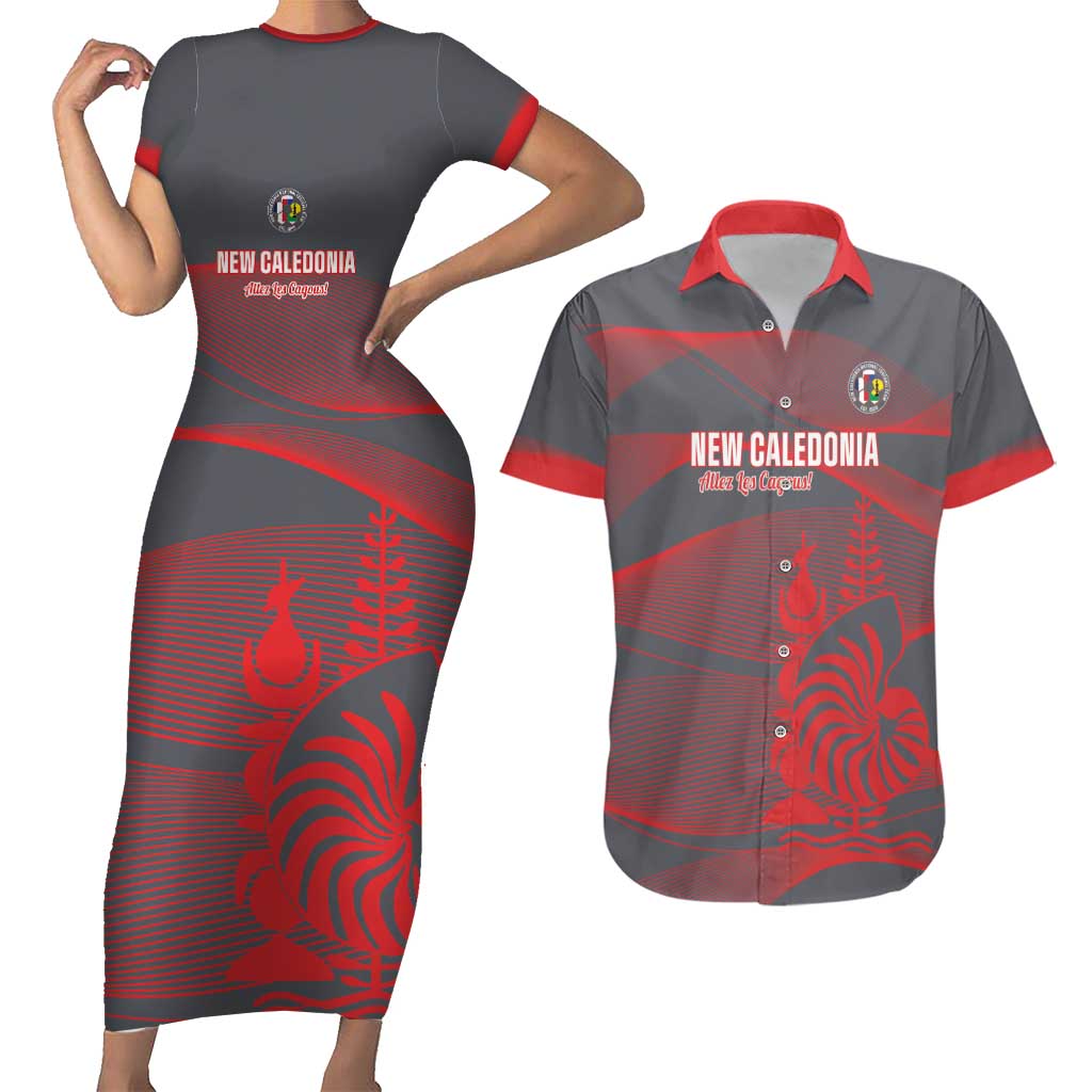 Custom New Caledonia Football Couples Matching Short Sleeve Bodycon Dress and Hawaiian Shirt Allez Les Cagous Grey Version - Polynesian Pride
