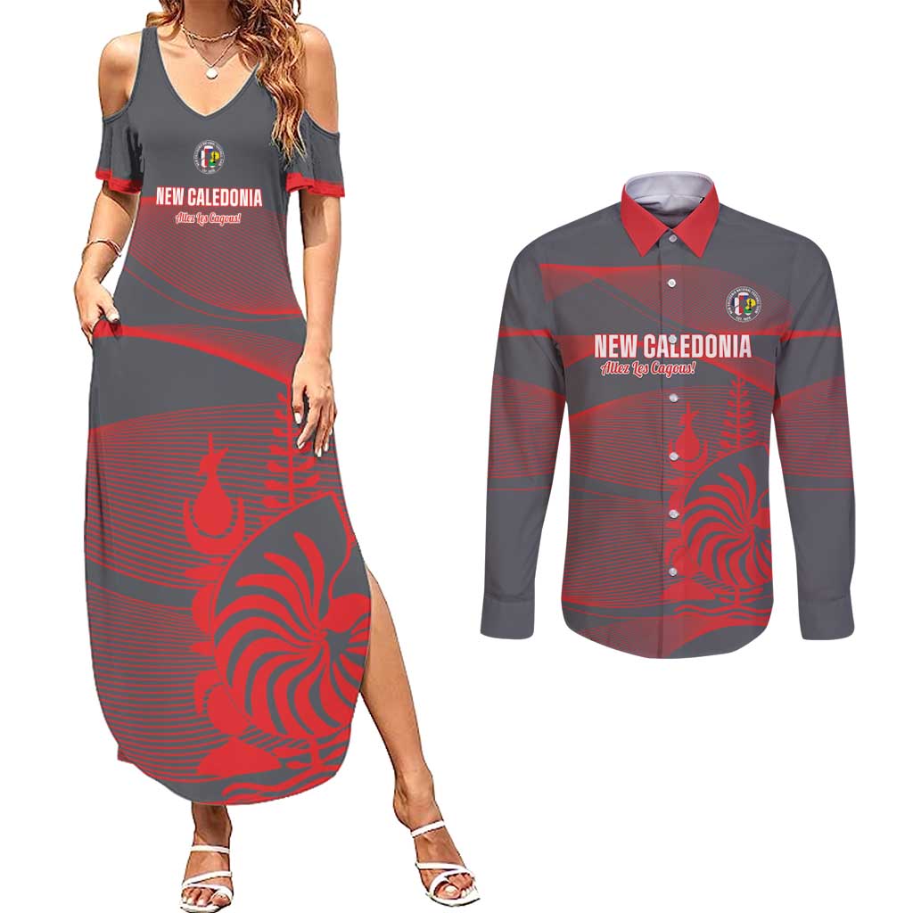 Custom New Caledonia Football Couples Matching Summer Maxi Dress and Long Sleeve Button Shirt Allez Les Cagous Grey Version - Polynesian Pride