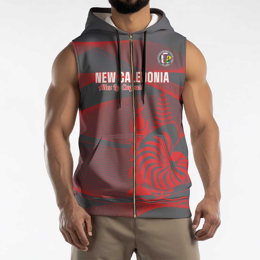 Custom New Caledonia Football Sleeveless Zip Hoodie Allez Les Cagous Grey Version - Polynesian Pride
