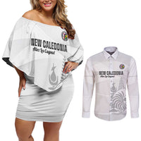 Custom New Caledonia Football Couples Matching Off Shoulder Short Dress and Long Sleeve Button Shirt Allez Les Cagous White Version - Polynesian Pride