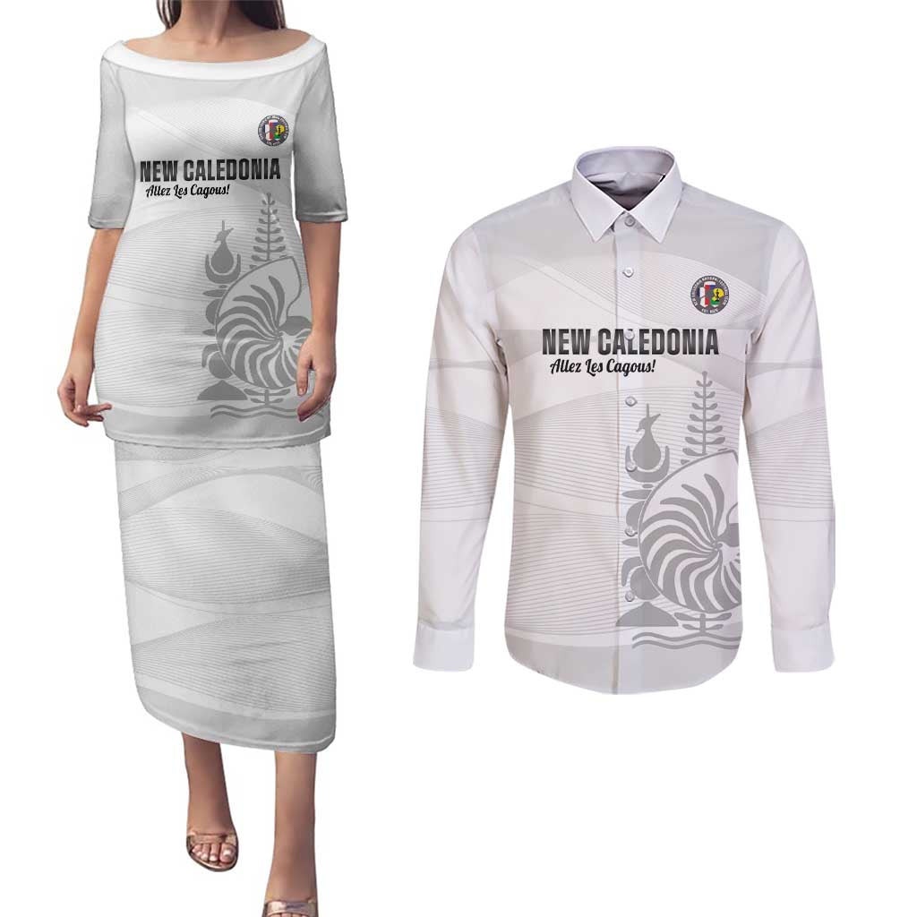 Custom New Caledonia Football Couples Matching Puletasi and Long Sleeve Button Shirt Allez Les Cagous White Version - Polynesian Pride