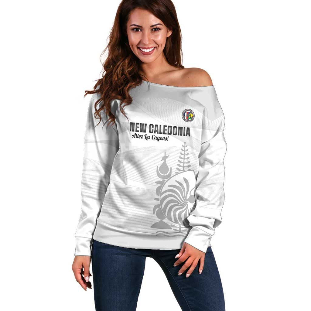 Custom New Caledonia Football Off Shoulder Sweater Allez Les Cagous White Version - Polynesian Pride