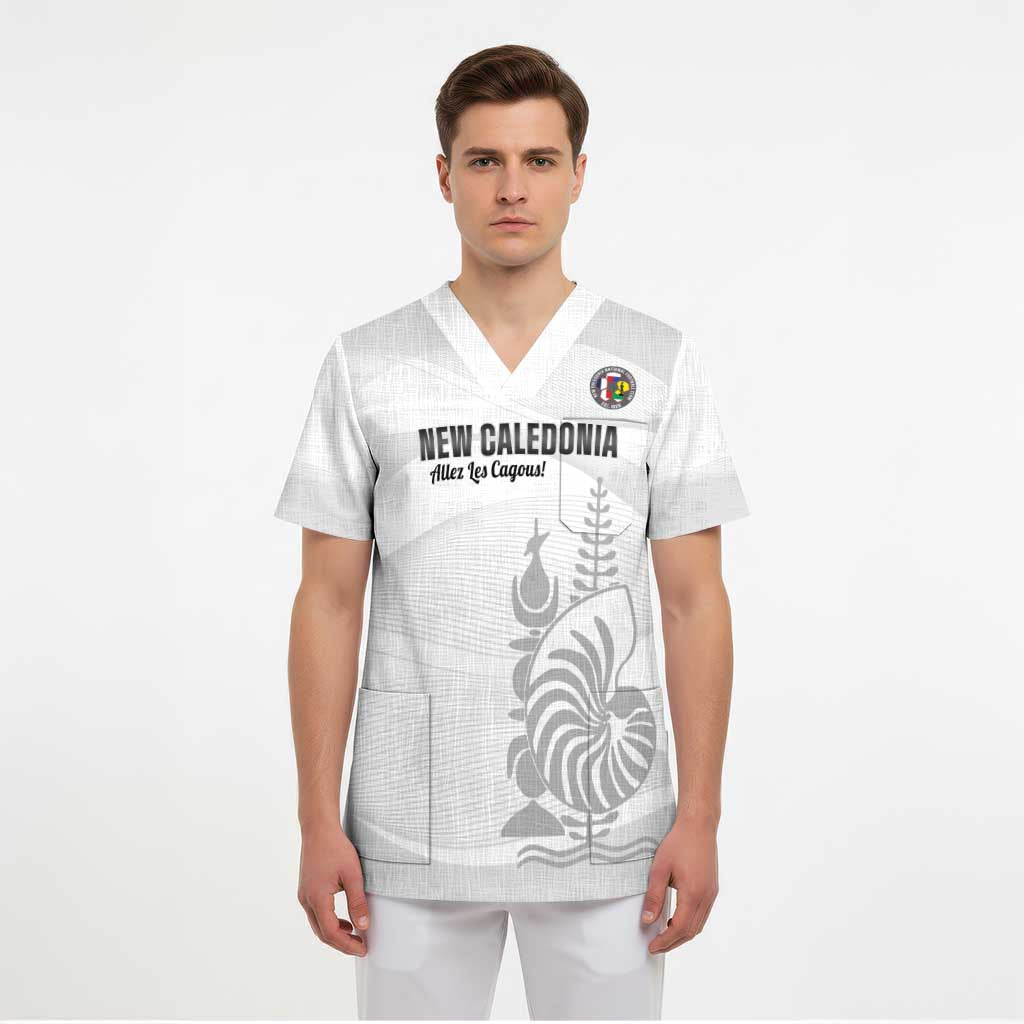 Custom New Caledonia Football Scrub Top Allez Les Cagous White Version - Polynesian Pride