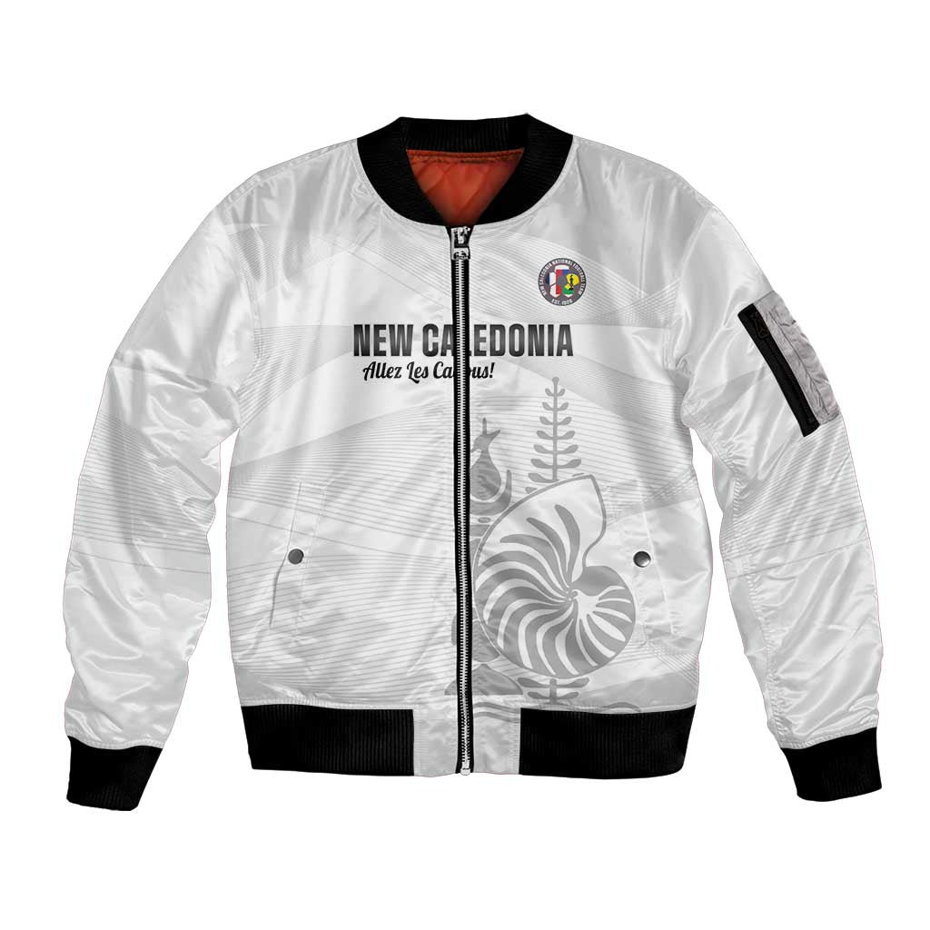 Custom New Caledonia Football Sleeve Zip Bomber Jacket Allez Les Cagous White Version - Polynesian Pride
