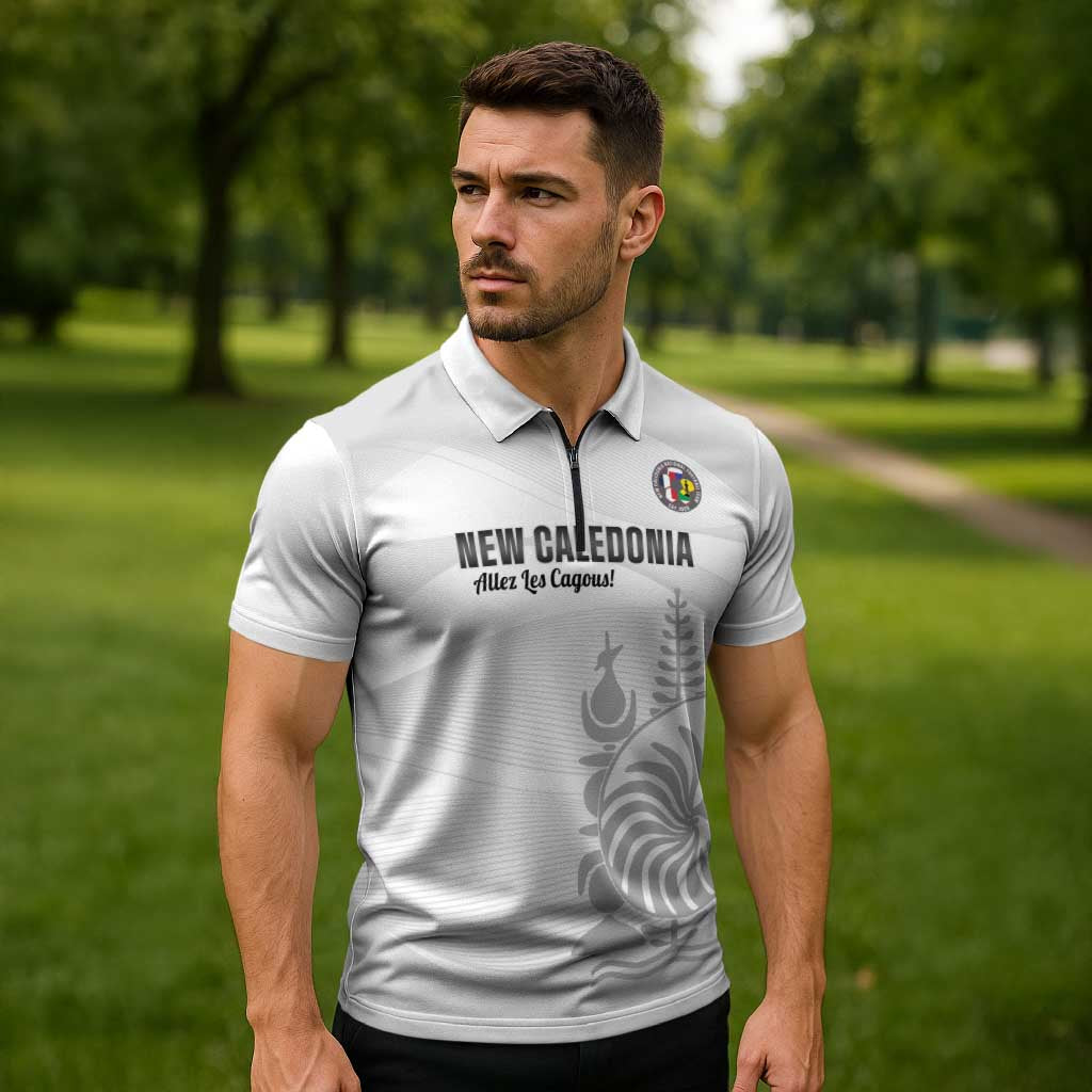 Custom New Caledonia Football Zipper Polo Shirt Allez Les Cagous White Version - Polynesian Pride
