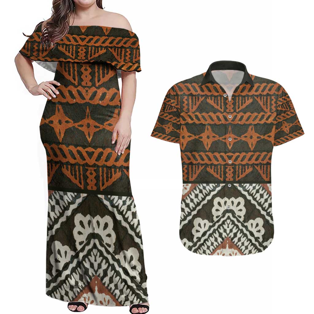 Bula Fiji Tapa Couples Matching Off Shoulder Maxi Dress and Hawaiian Shirt Fijian Masi Vintage Vibes - Polynesian Pride
