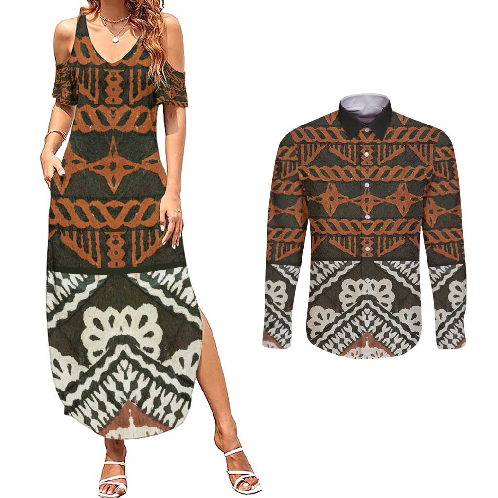 Bula Fiji Tapa Couples Matching Summer Maxi Dress and Long Sleeve Button Shirt Fijian Masi Vintage Vibes - Polynesian Pride
