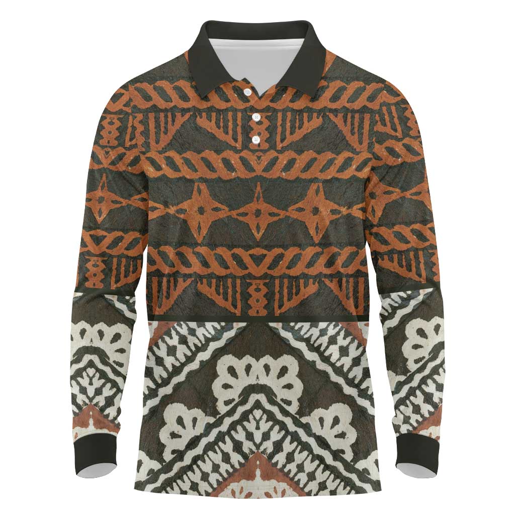 Bula Fiji Tapa Long Sleeve Polo Shirt Fijian Masi Vintage Vibes - Polynesian Pride