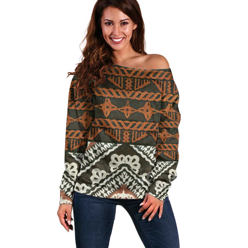 Bula Fiji Tapa Off Shoulder Sweater Fijian Masi Vintage Vibes - Polynesian Pride
