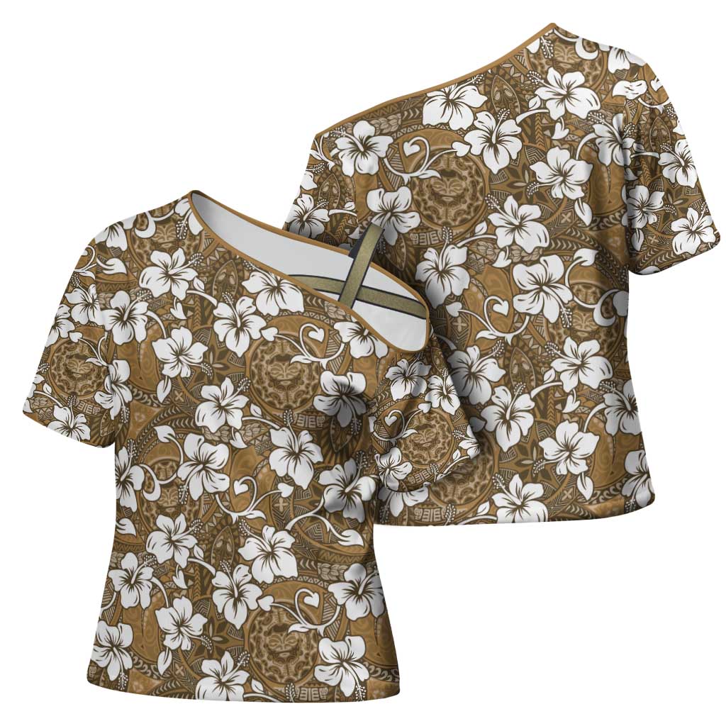 Kuvui Bula Fiji Cross Shoulder Shirt Fijian Tapa Seamless Hibiscus - Polynesian Pride