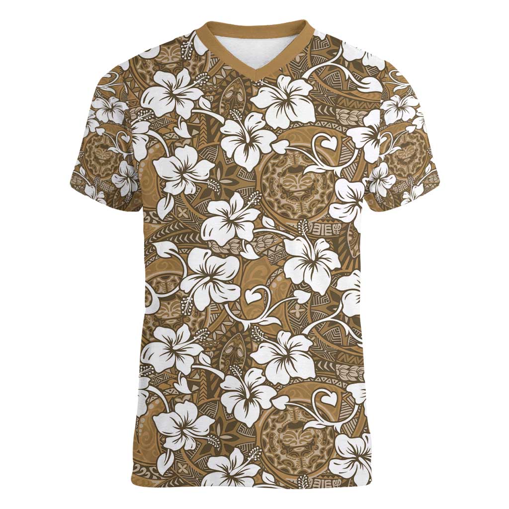 Kuvui Bula Fiji Women V-Neck T-Shirt Fijian Tapa Seamless Hibiscus - Polynesian Pride