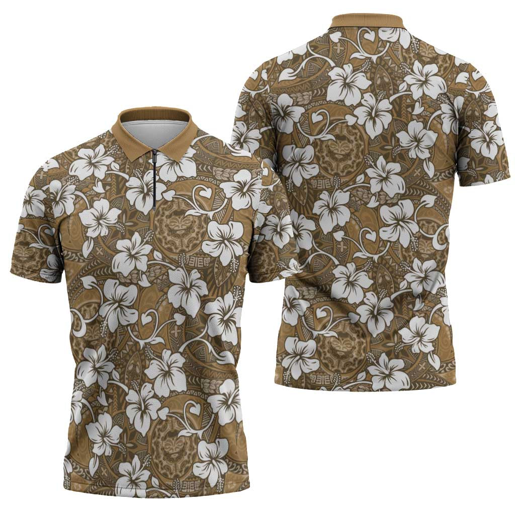 Kuvui Bula Fiji Zipper Polo Shirt Fijian Tapa Seamless Hibiscus - Polynesian Pride