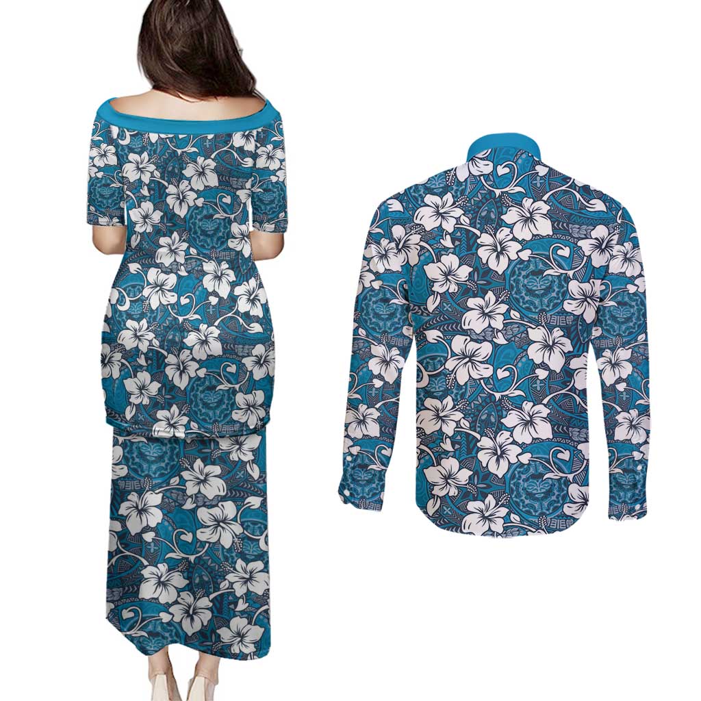 Karakarawa Bula Fiji Couples Matching Puletasi and Long Sleeve Button Shirt Fijian Tapa Seamless Hibiscus - Polynesian Pride