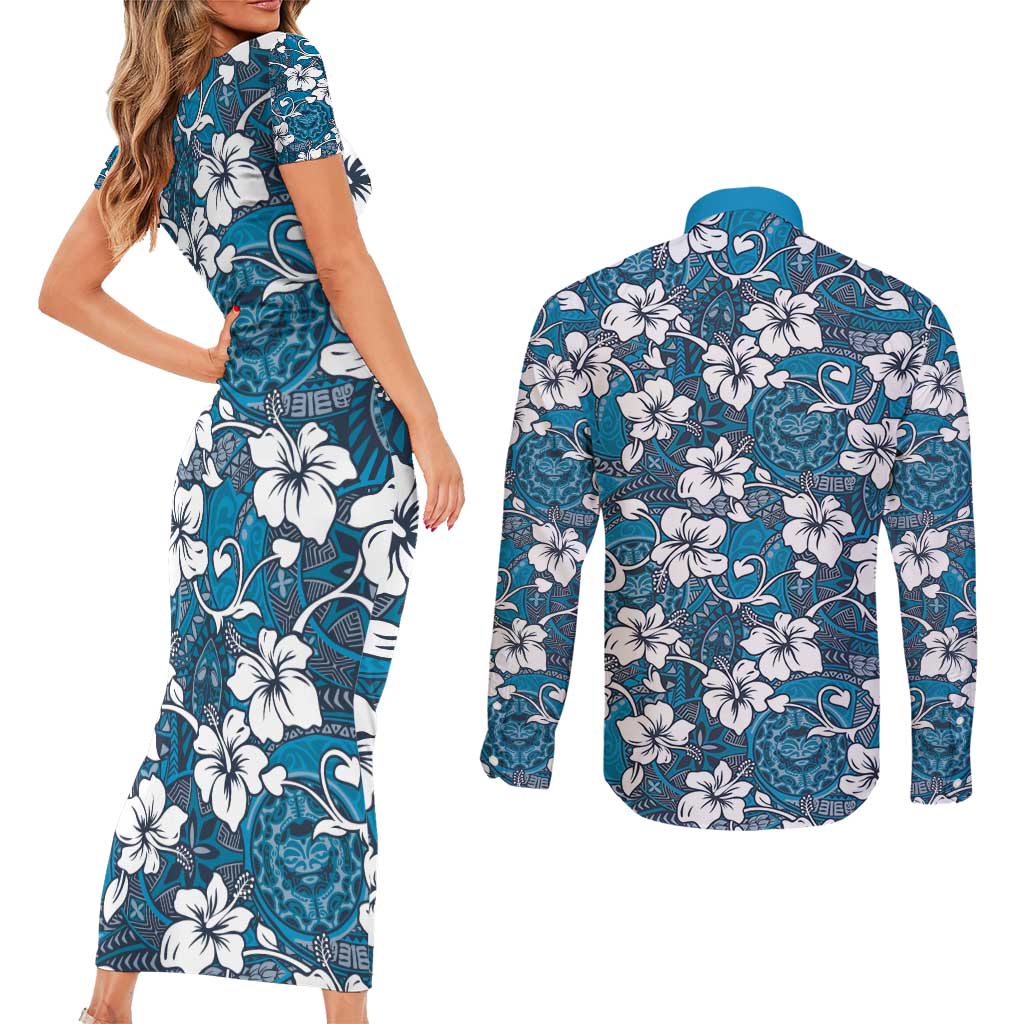 Karakarawa Bula Fiji Couples Matching Short Sleeve Bodycon Dress and Long Sleeve Button Shirt Fijian Tapa Seamless Hibiscus - Polynesian Pride