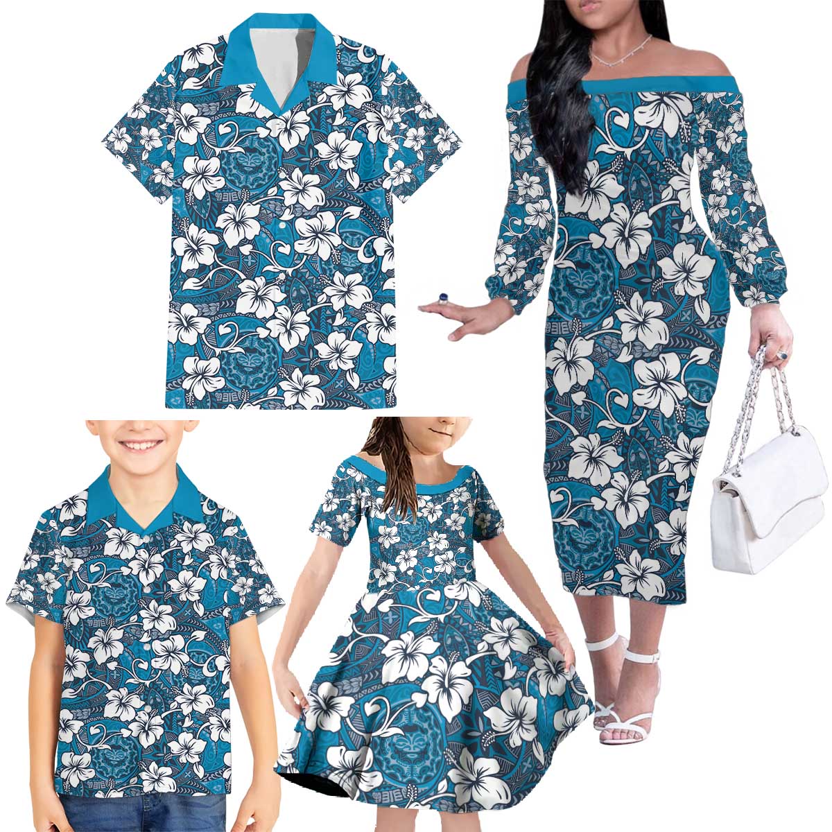 Karakarawa Bula Fiji Family Matching Off The Shoulder Long Sleeve Dress and Hawaiian Shirt Fijian Tapa Seamless Hibiscus - Polynesian Pride