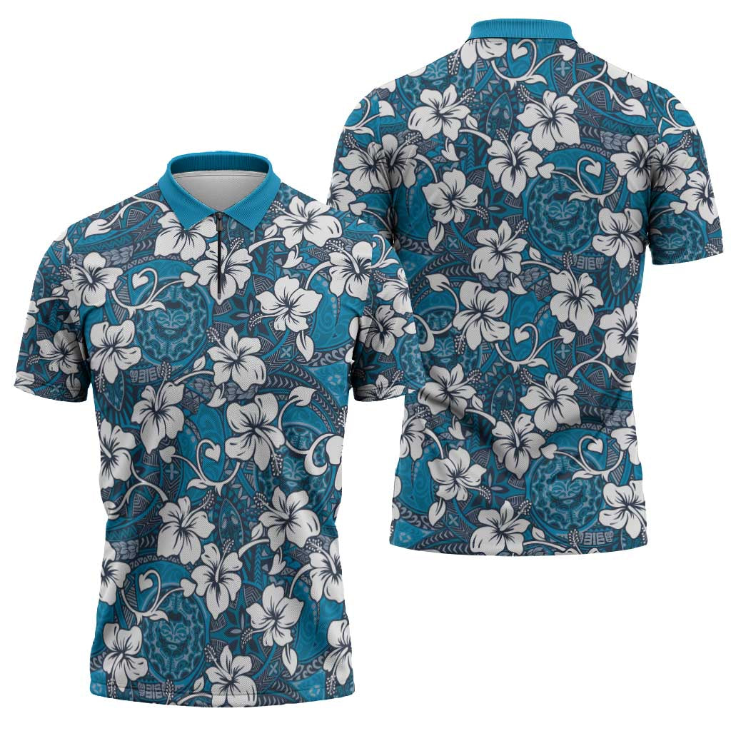 Karakarawa Bula Fiji Zipper Polo Shirt Fijian Tapa Seamless Hibiscus - Polynesian Pride