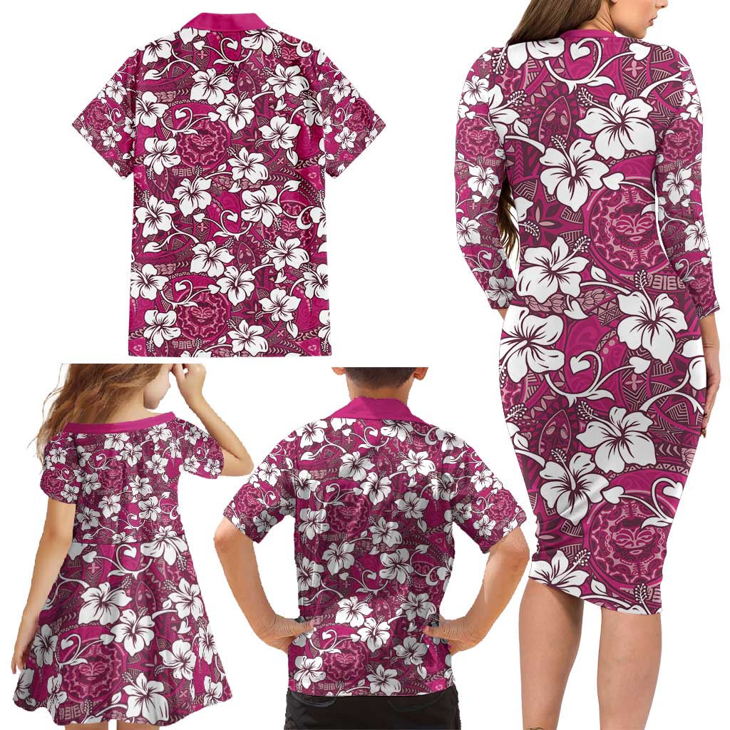 Piqi Bula Fiji Family Matching Long Sleeve Bodycon Dress and Hawaiian Shirt Fijian Tapa Seamless Hibiscus - Polynesian Pride