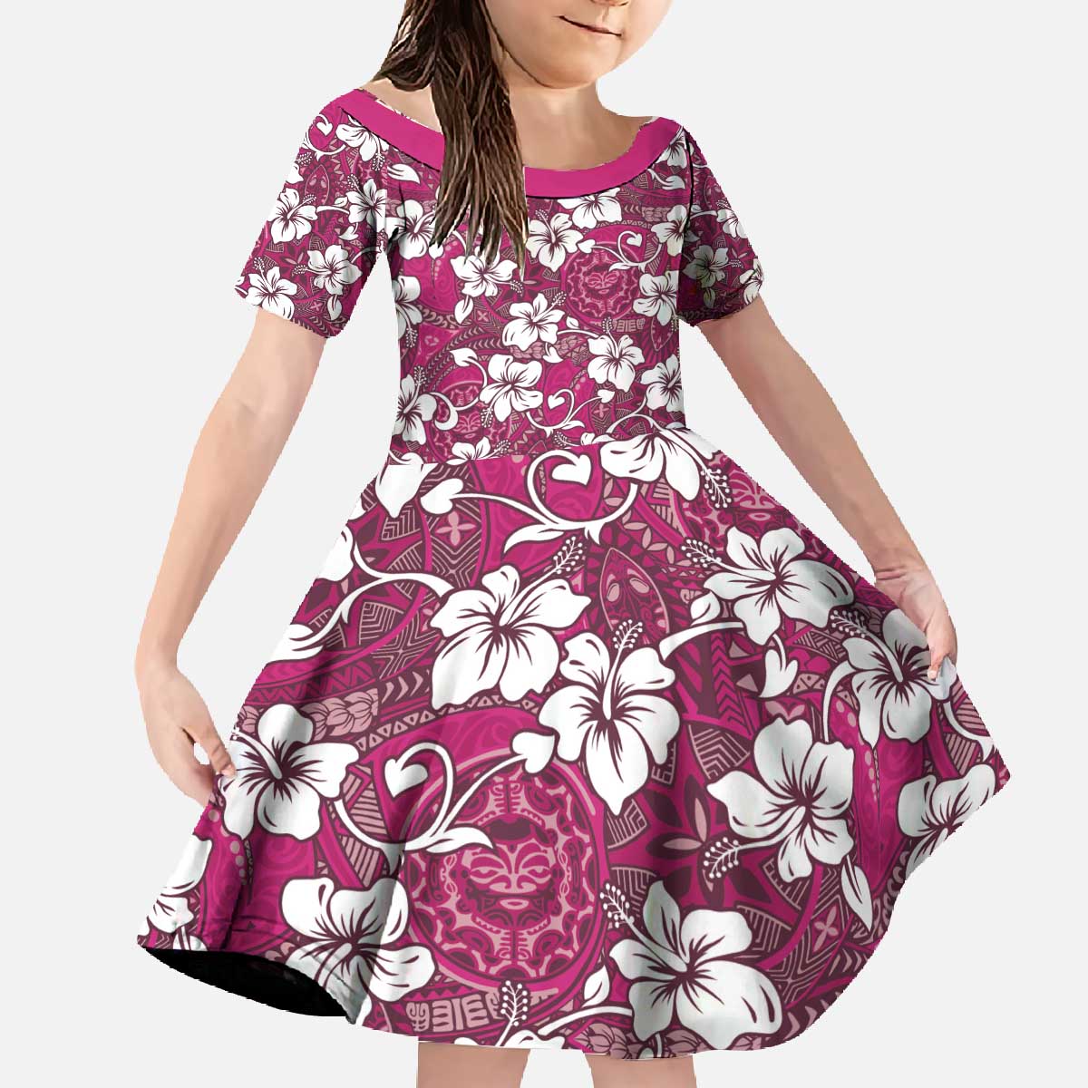 Piqi Bula Fiji Family Matching Off The Shoulder Long Sleeve Dress and Hawaiian Shirt Fijian Tapa Seamless Hibiscus - Polynesian Pride