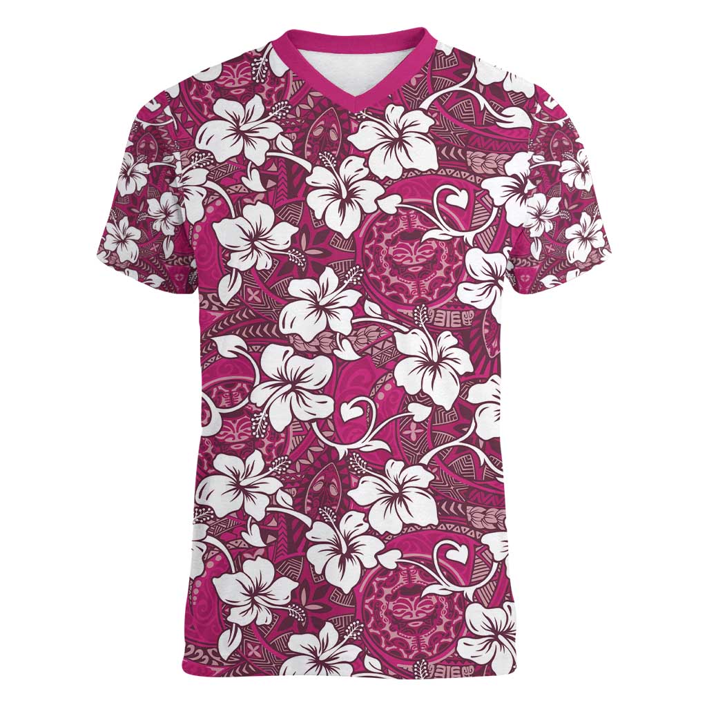 Piqi Bula Fiji Women V-Neck T-Shirt Fijian Tapa Seamless Hibiscus - Polynesian Pride