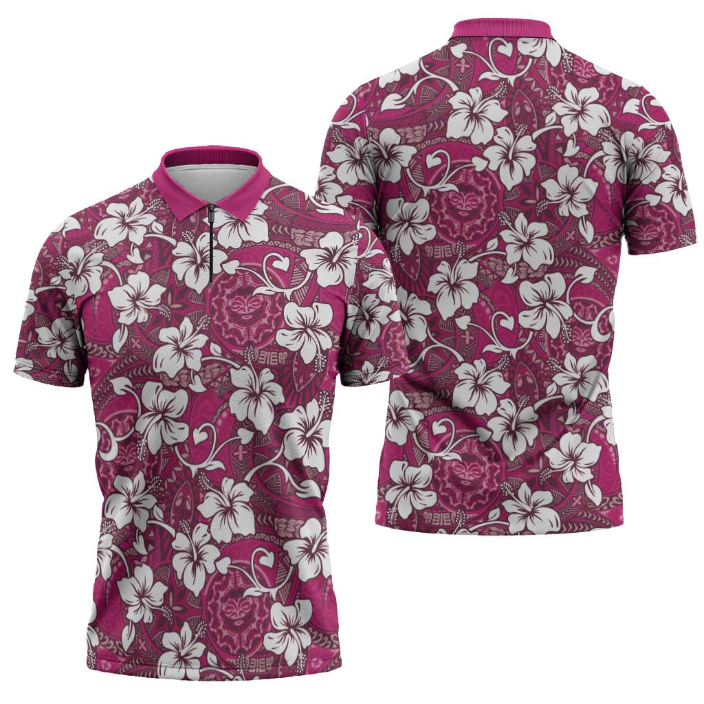 Piqi Bula Fiji Zipper Polo Shirt Fijian Tapa Seamless Hibiscus - Polynesian Pride