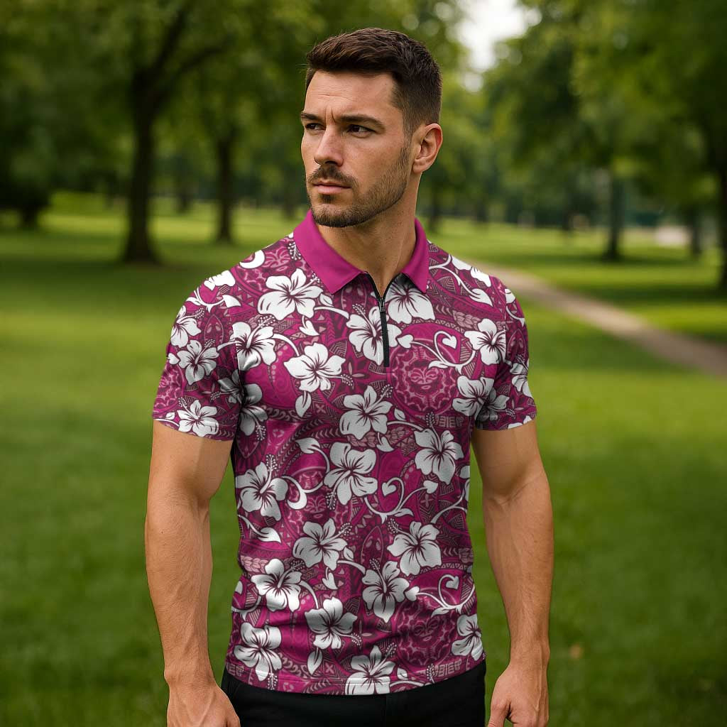 Piqi Bula Fiji Zipper Polo Shirt Fijian Tapa Seamless Hibiscus - Polynesian Pride