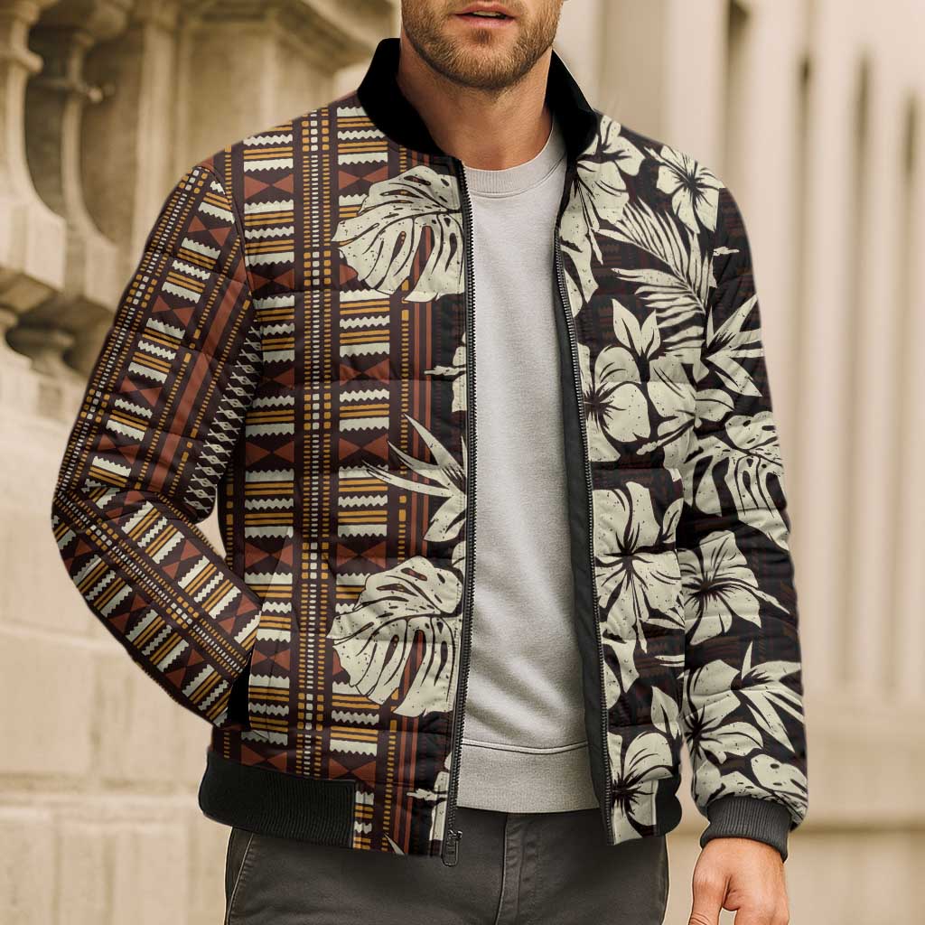 Bula Fiji Masi Bomber Puffer Jacket Tapa Tropical Hibiscus Half Stylized - Polynesian Pride