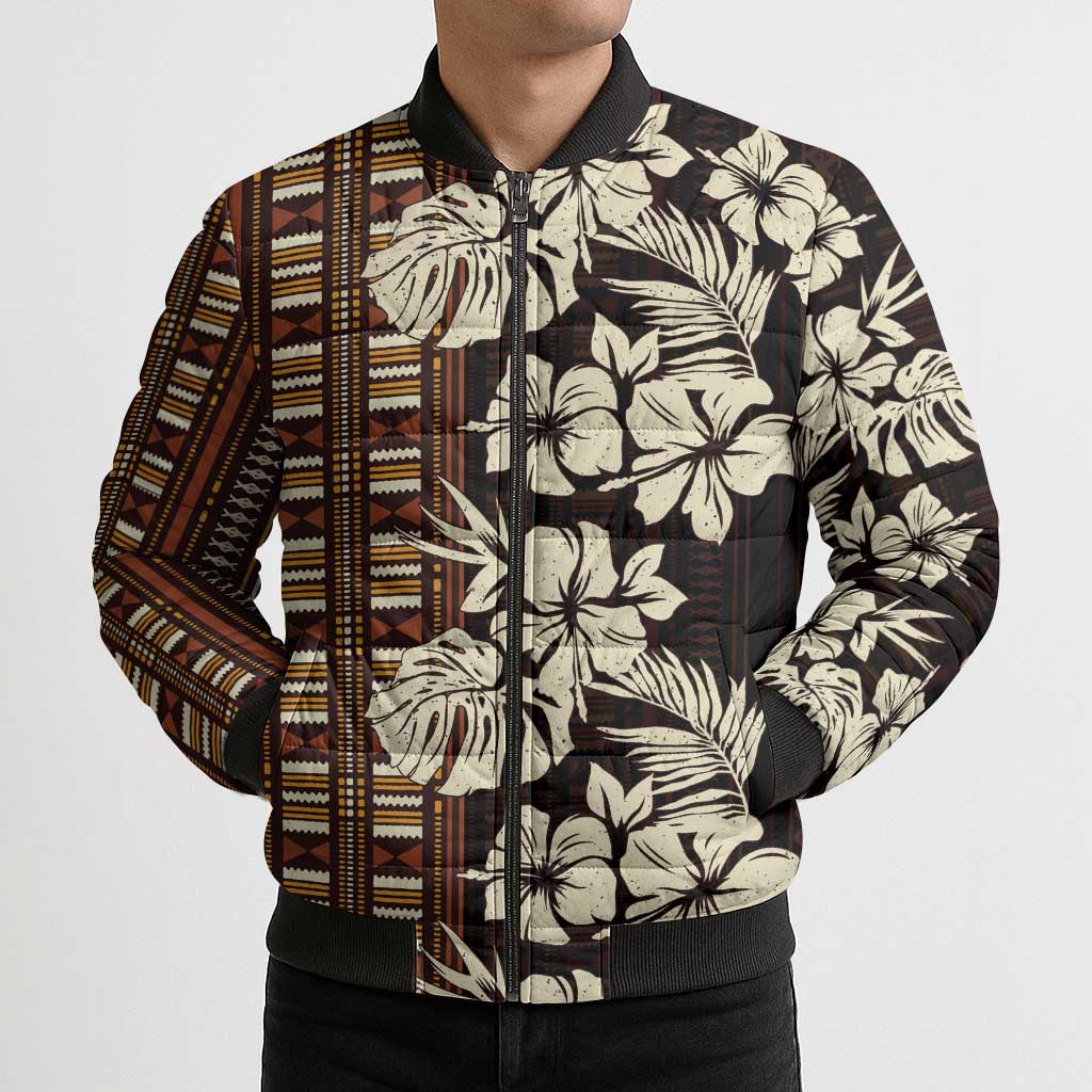 Bula Fiji Masi Bomber Puffer Jacket Tapa Tropical Hibiscus Half Stylized - Polynesian Pride