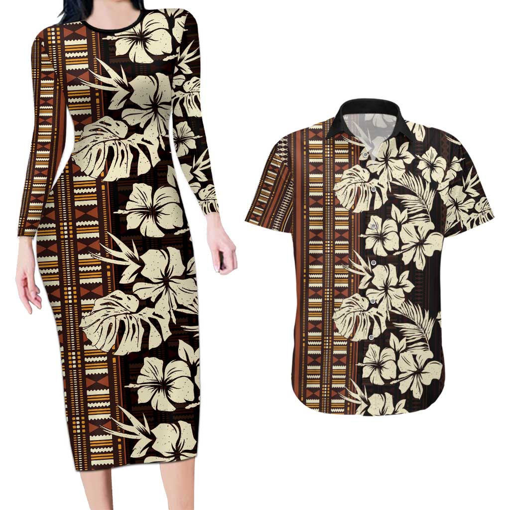 Bula Fiji Masi Couples Matching Long Sleeve Bodycon Dress and Hawaiian Shirt Tapa Tropical Hibiscus Half Stylized - Polynesian Pride