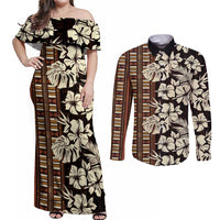 Bula Fiji Masi Couples Matching Off Shoulder Maxi Dress and Long Sleeve Button Shirt Tapa Tropical Hibiscus Half Stylized - Polynesian Pride