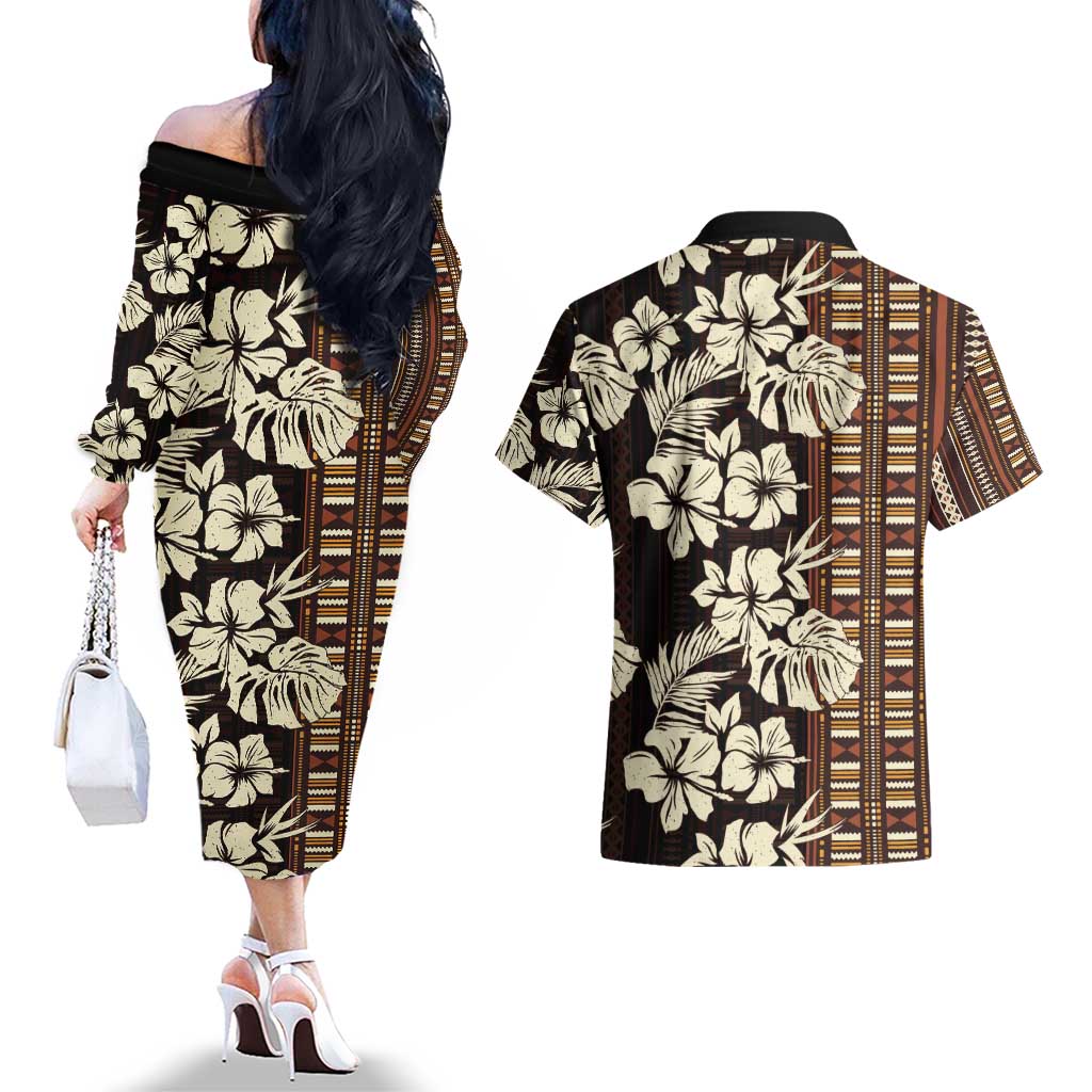 Bula Fiji Masi Couples Matching Off The Shoulder Long Sleeve Dress and Hawaiian Shirt Tapa Tropical Hibiscus Half Stylized - Polynesian Pride