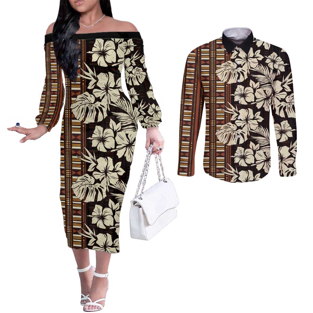 Bula Fiji Masi Couples Matching Off The Shoulder Long Sleeve Dress and Long Sleeve Button Shirt Tapa Tropical Hibiscus Half Stylized - Polynesian Pride