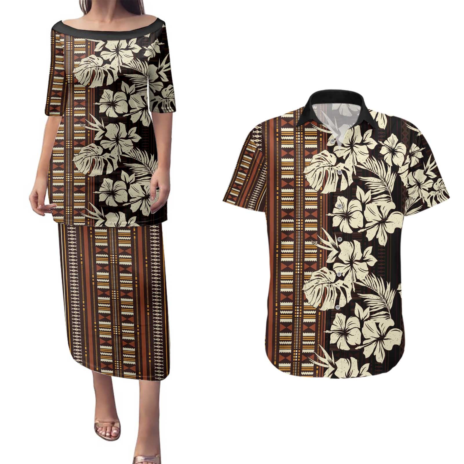 Bula Fiji Masi Couples Matching Puletasi and Hawaiian Shirt Tapa Tropical Hibiscus Half Stylized - Polynesian Pride