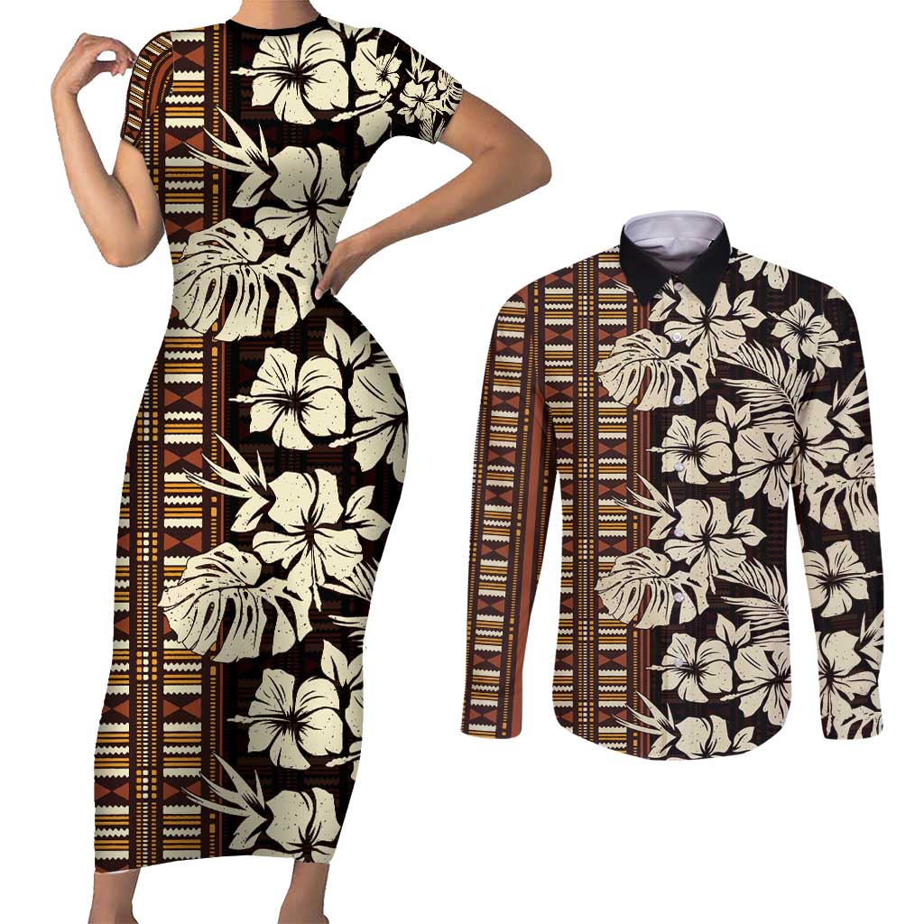 Bula Fiji Masi Couples Matching Short Sleeve Bodycon Dress and Long Sleeve Button Shirt Tapa Tropical Hibiscus Half Stylized - Polynesian Pride