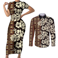 Bula Fiji Masi Couples Matching Short Sleeve Bodycon Dress and Long Sleeve Button Shirt Tapa Tropical Hibiscus Half Stylized - Polynesian Pride