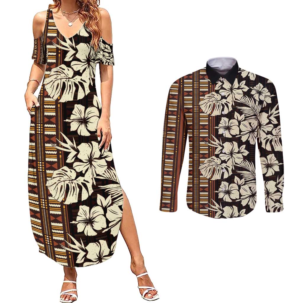 Bula Fiji Masi Couples Matching Summer Maxi Dress and Long Sleeve Button Shirt Tapa Tropical Hibiscus Half Stylized - Polynesian Pride