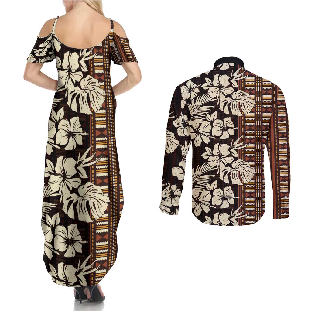 Bula Fiji Masi Couples Matching Summer Maxi Dress and Long Sleeve Button Shirt Tapa Tropical Hibiscus Half Stylized - Polynesian Pride