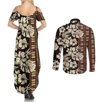 Bula Fiji Masi Couples Matching Summer Maxi Dress and Long Sleeve Button Shirt Tapa Tropical Hibiscus Half Stylized - Polynesian Pride