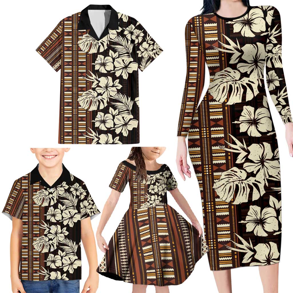Bula Fiji Masi Family Matching Long Sleeve Bodycon Dress and Hawaiian Shirt Tapa Tropical Hibiscus Half Stylized - Polynesian Pride