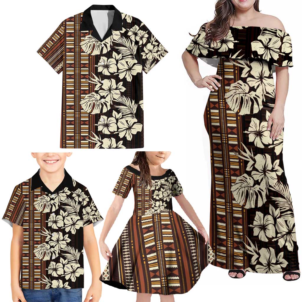 Bula Fiji Masi Family Matching Off Shoulder Maxi Dress and Hawaiian Shirt Tapa Tropical Hibiscus Half Stylized - Polynesian Pride