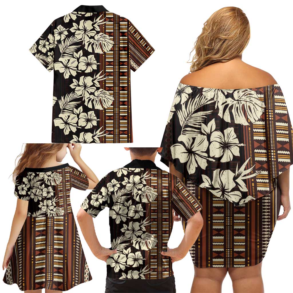 Bula Fiji Masi Family Matching Off Shoulder Short Dress and Hawaiian Shirt Tapa Tropical Hibiscus Half Stylized - Polynesian Pride