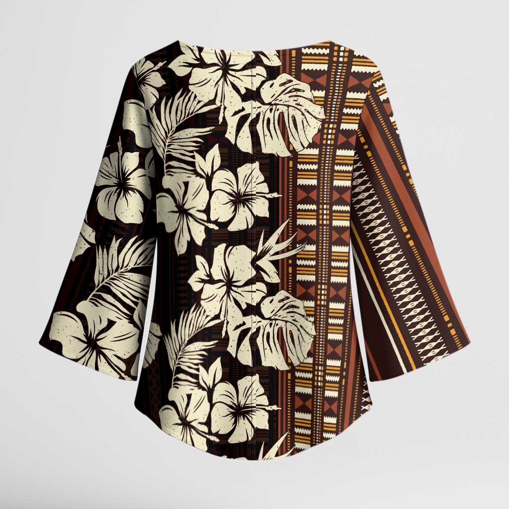 Bula Fiji Masi Kimono Sleeve Blouse Tapa Tropical Hibiscus Half Stylized - Polynesian Pride