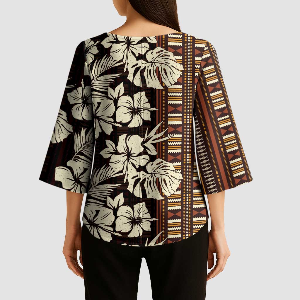 Bula Fiji Masi Kimono Sleeve Blouse Tapa Tropical Hibiscus Half Stylized - Polynesian Pride