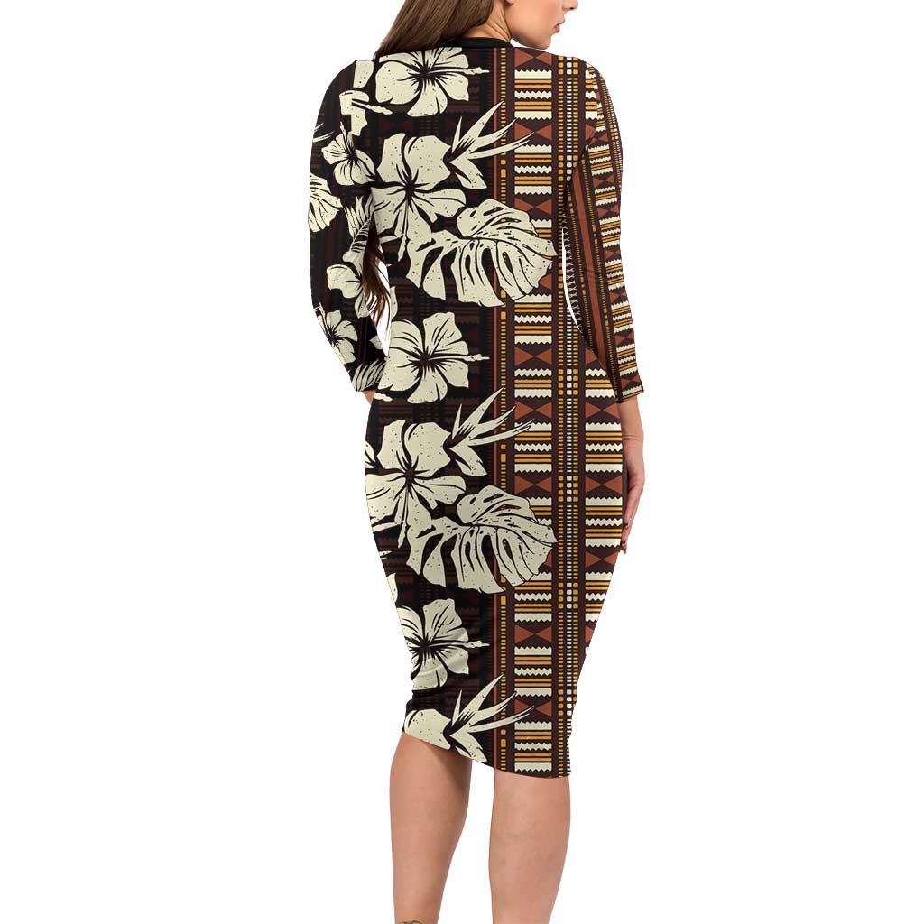 Bula Fiji Masi Long Sleeve Bodycon Dress Tapa Tropical Hibiscus Half Stylized - Polynesian Pride