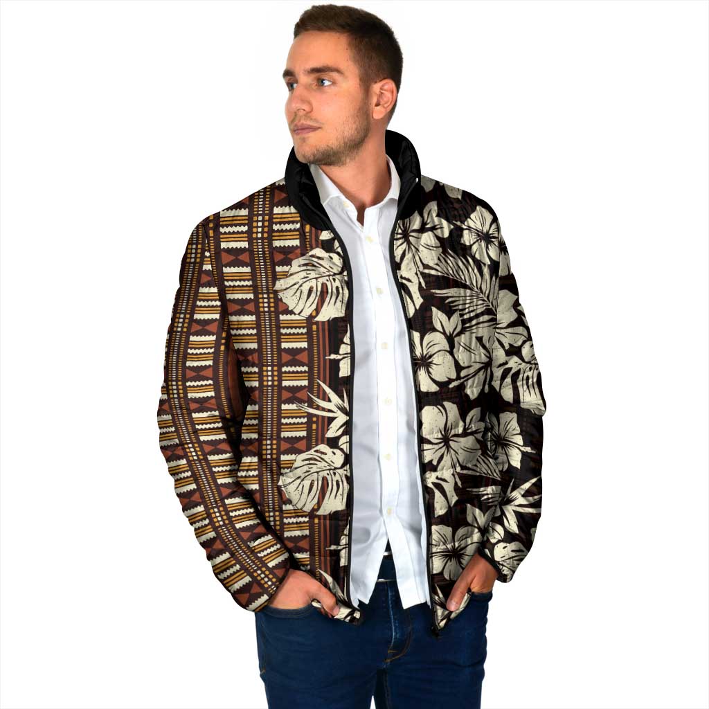 Bula Fiji Masi Padded Jacket Tapa Tropical Hibiscus Half Stylized - Polynesian Pride