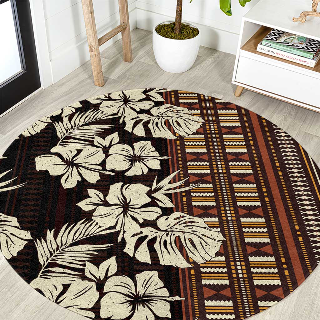 Bula Fiji Masi Round Carpet Tapa Tropical Hibiscus Half Stylized - Polynesian Pride