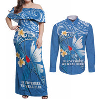 Polynesia Diabetes Awareness Month Couples Matching Off Shoulder Maxi Dress and Long Sleeve Button Shirt In November We Wear Blue