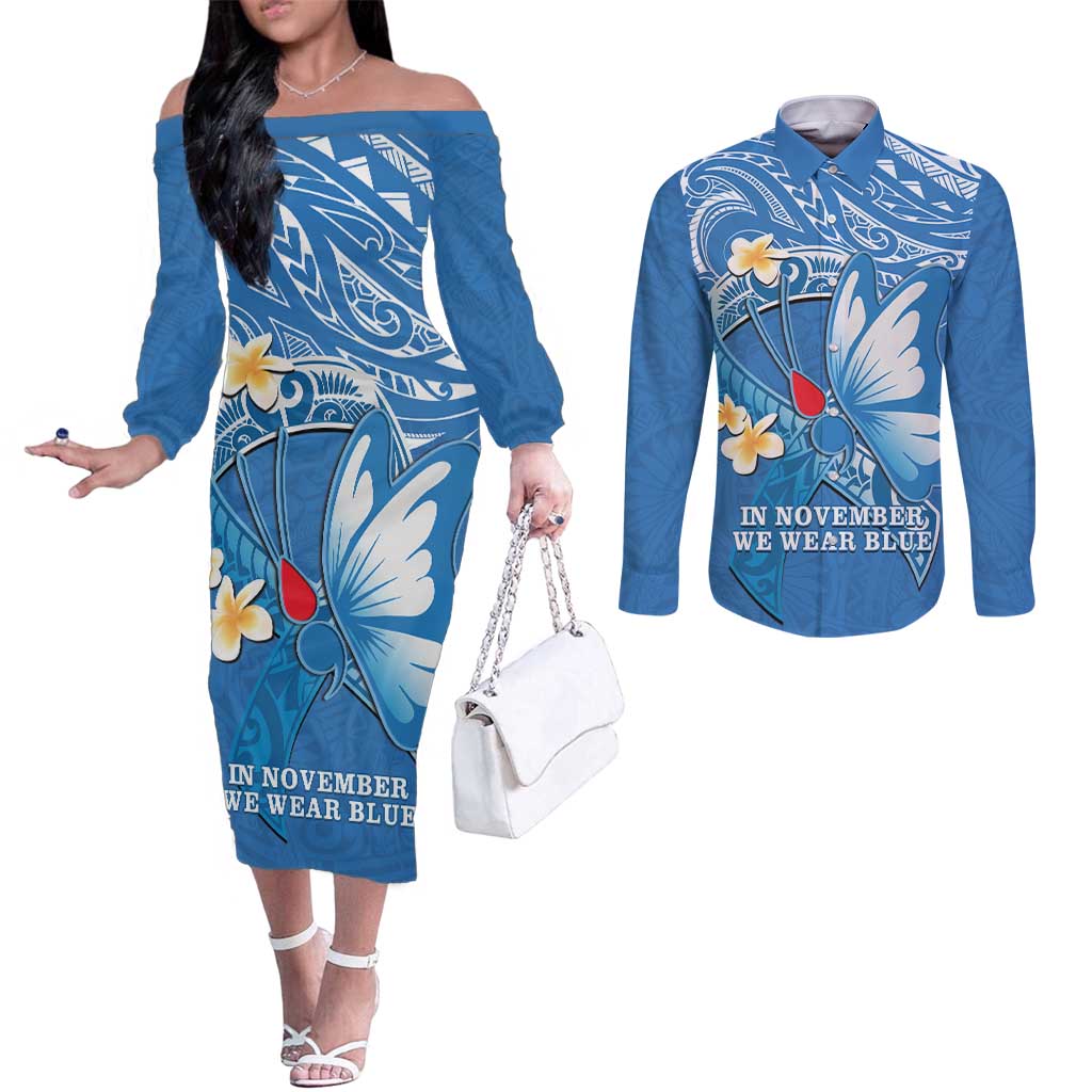 Polynesia Diabetes Awareness Month Couples Matching Off The Shoulder Long Sleeve Dress and Long Sleeve Button Shirt In November We Wear Blue