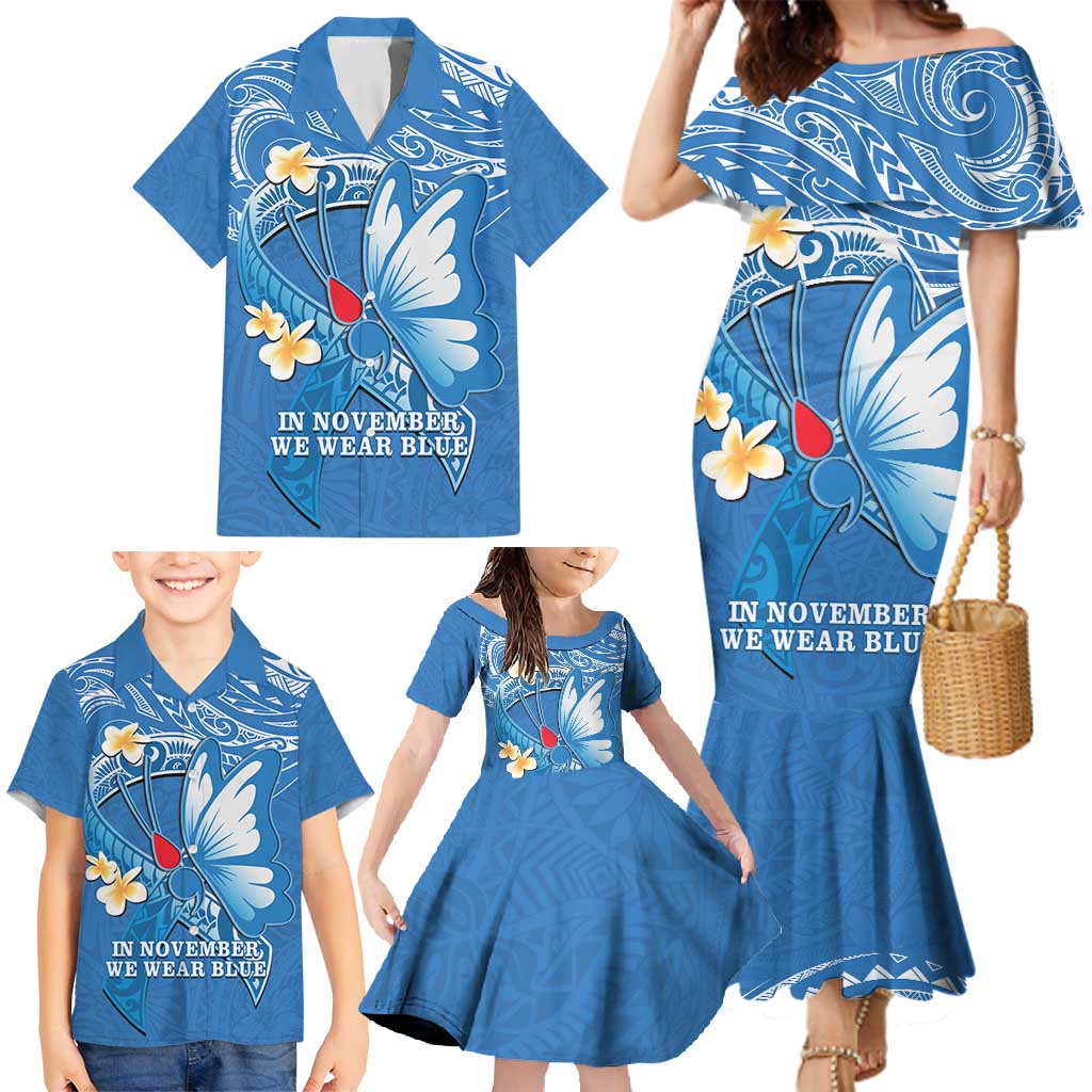 Polynesia Diabetes Awareness Month Family Matching Mermaid Dress and Hawaiian Shirt In November We Wear Blue