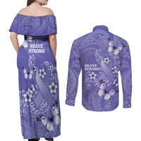 Polynesia Stomach Cancer Awareness Couples Matching Off Shoulder Maxi Dress and Long Sleeve Button Shirt Periwinkle Ribbon Brave Strong!